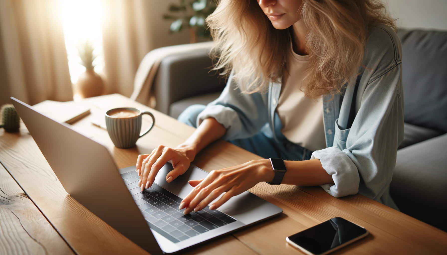 DALL·E Bild einer Frau, die vor einem Laptop sitzt und mit den Fingern auf der Tastatur tippt