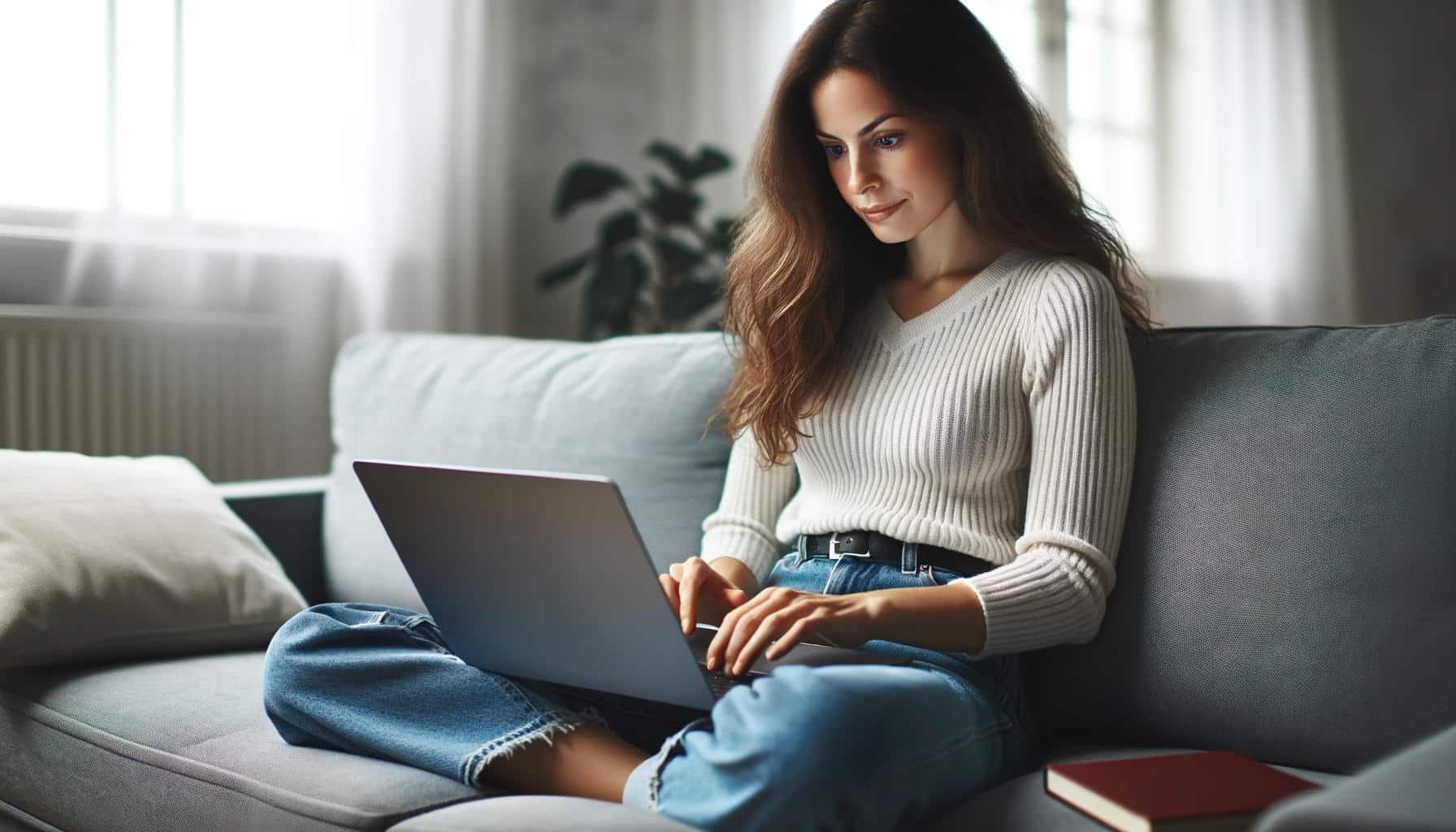 DALL·E Bild einer Frau, die vor einem Laptop sitzt und mit den Fingern auf der Tastatur tippt2