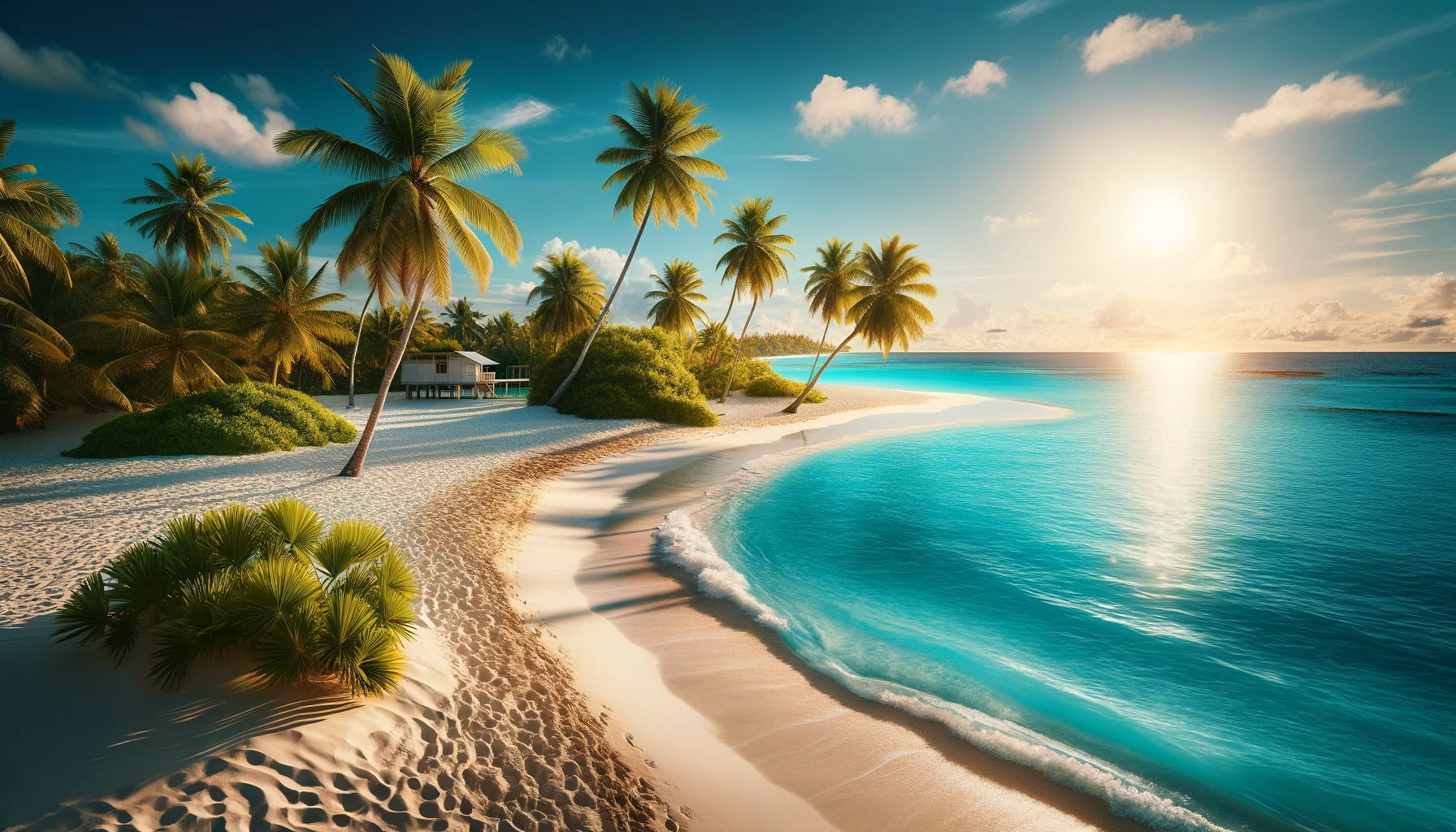 DALL·E Bild eines herrlichen weißen Sandstrandes mit wunderschönen Palmen und herrlichem blauen Meer