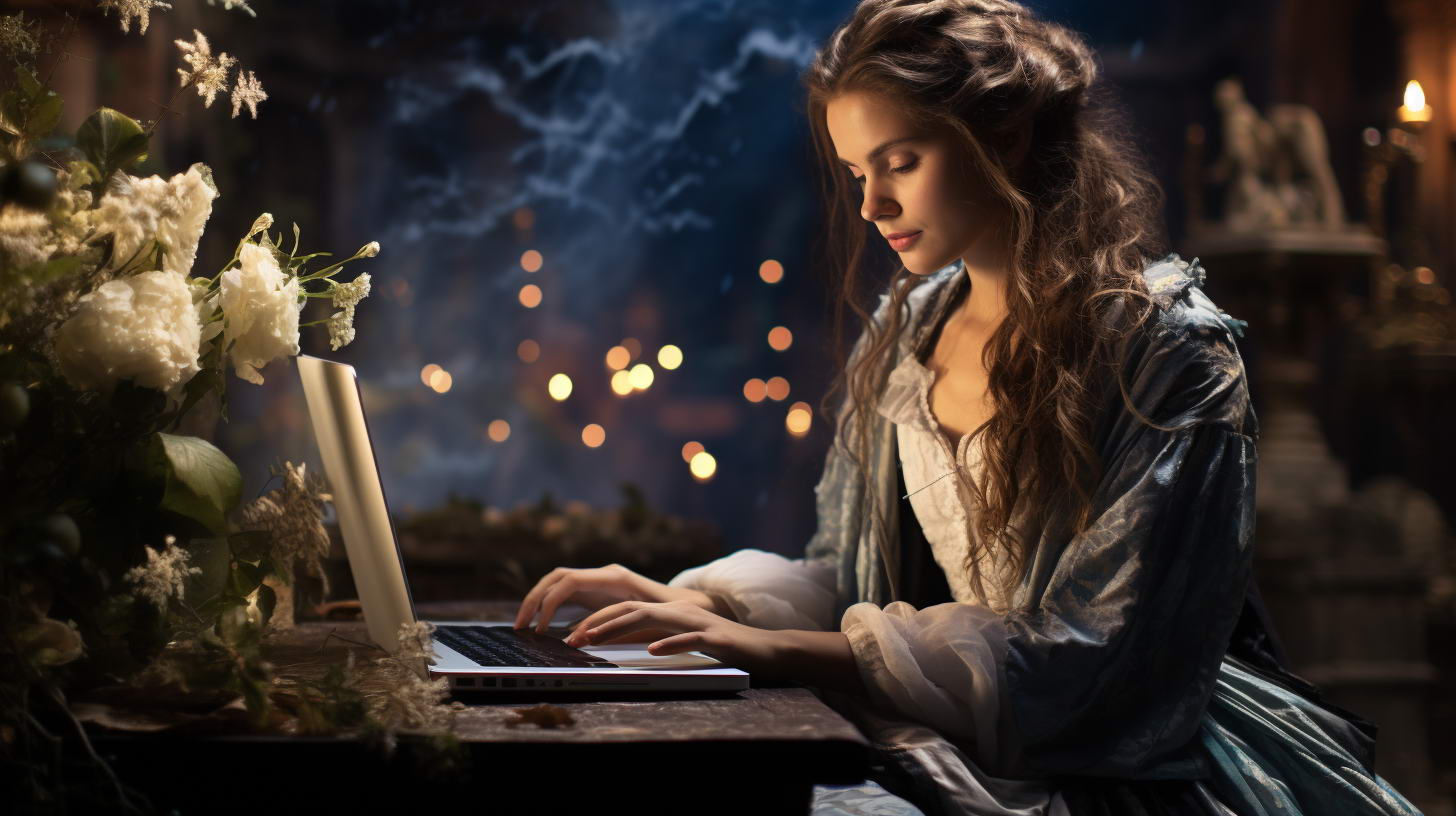 Midjourney Bild einer Frau, die vor einem Laptop sitzt und mit den Fingern auf der Tastatur tippt2