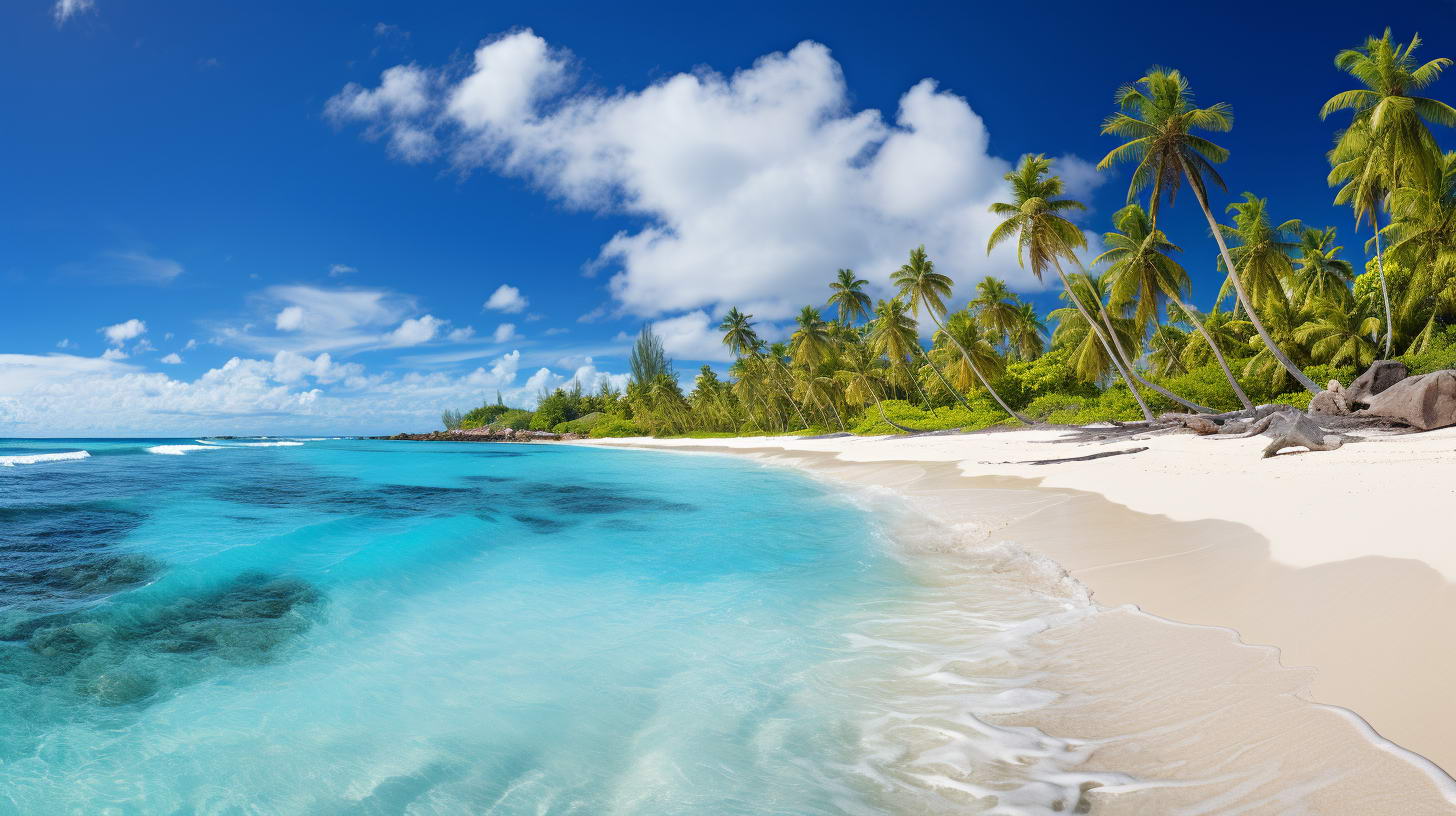 Midjourney Bild eines herrlichen weißen Sandstrandes mit wunderschönen Palmen und herrlichem blauen Meer